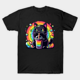 Cat Drinking Rainbow Bubble Tea T-Shirt